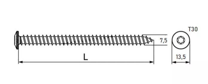 Rėmų montavimo sraigtai, plačia galva, Ø 7.5mm, 100vnt. (62-212mm)