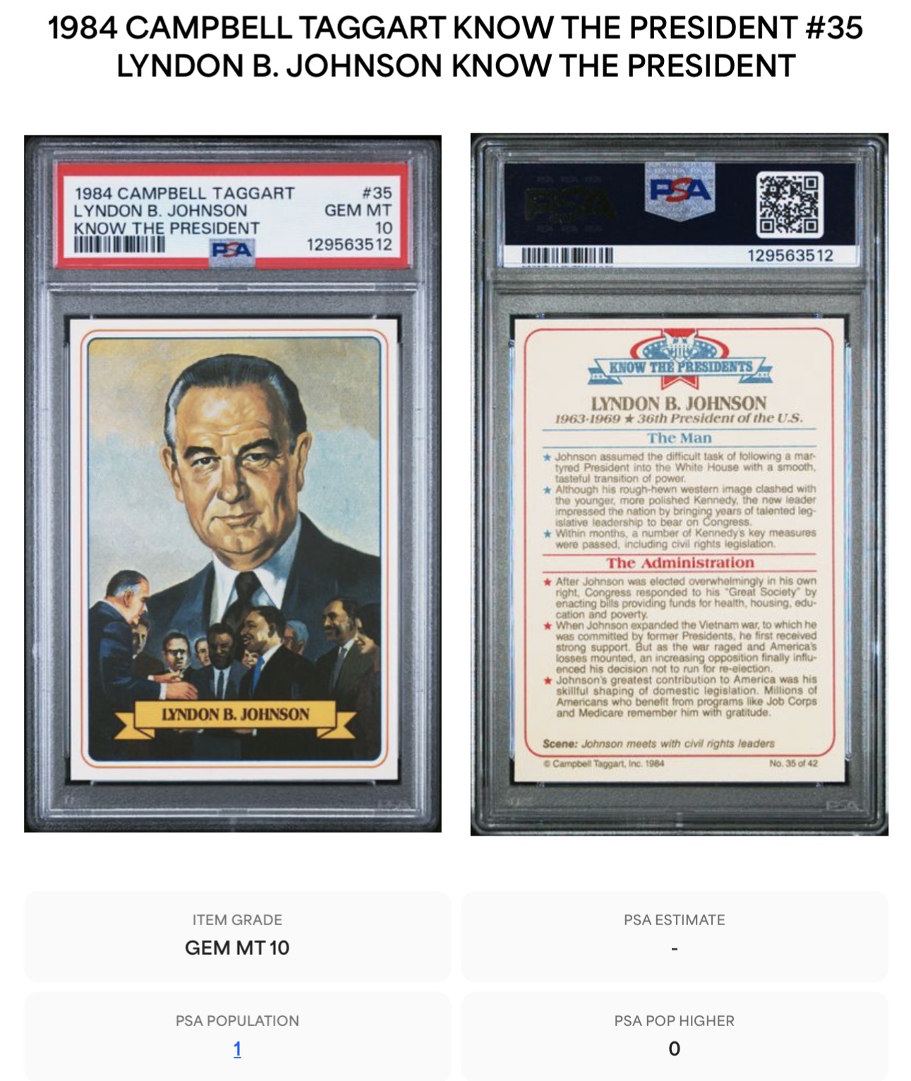 1984 Campbell Taggart Lyndon B. Johnson PSA 10 - HIGHEST Single PSA Grade! 