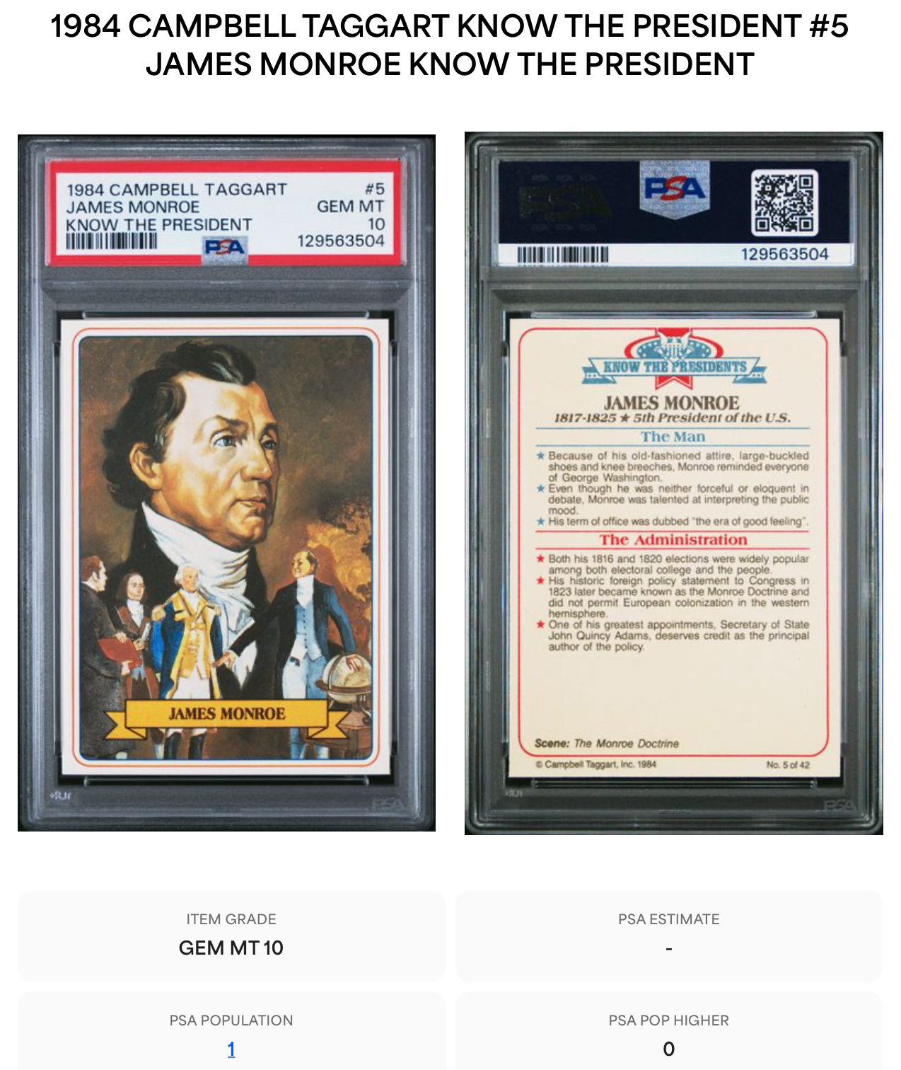 1984 Campbell Taggart James Monroe Trading Card - HIGHEST PSA Grade!