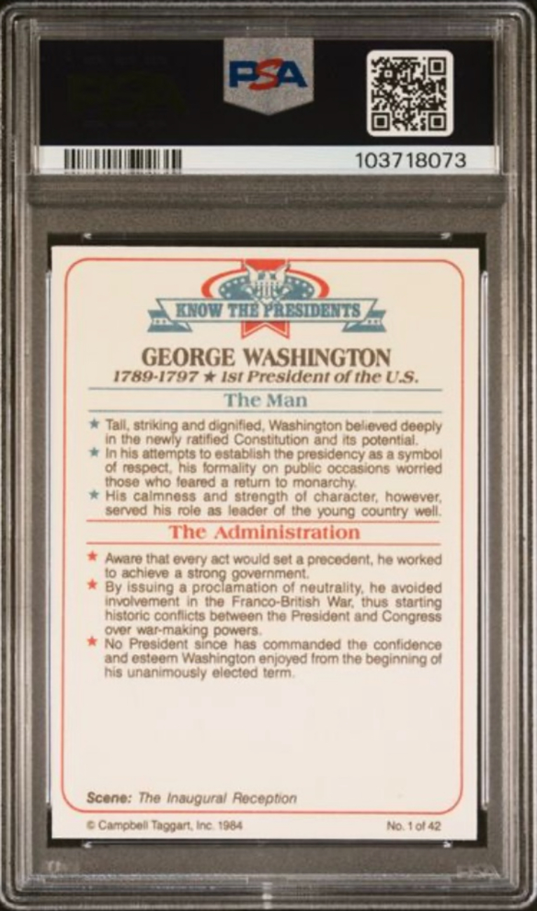 1984 Campbell Taggart George Washington Trading Card - Single Highest Grade! 