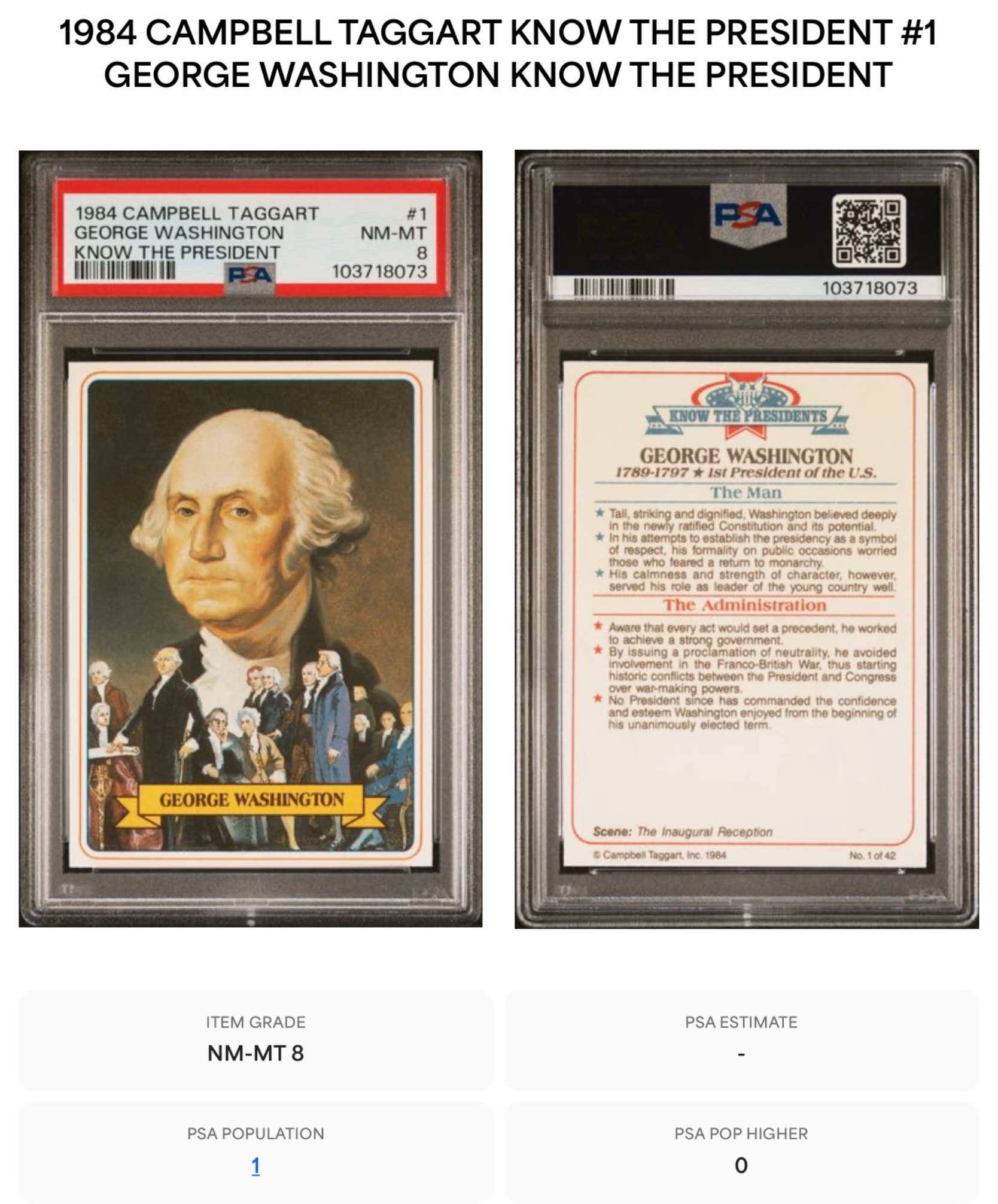 1984 Campbell Taggart George Washington Trading Card - Single Highest Grade! 