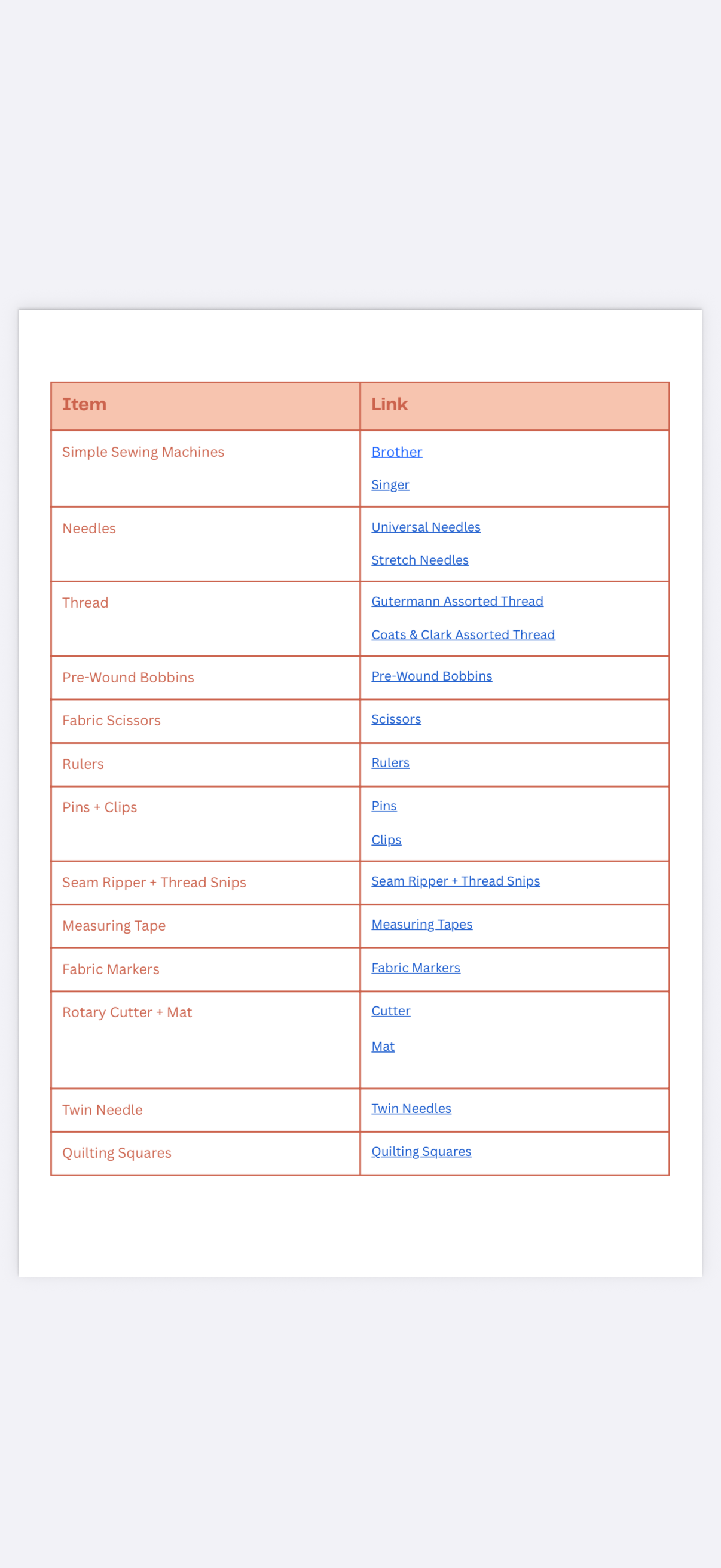 Free! Sewing Supply List with Links