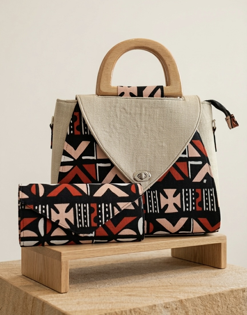 Sac à main en tissu wax et bois