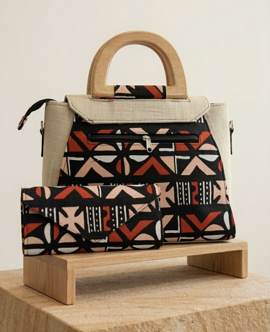 Sac à main en tissu wax et bois