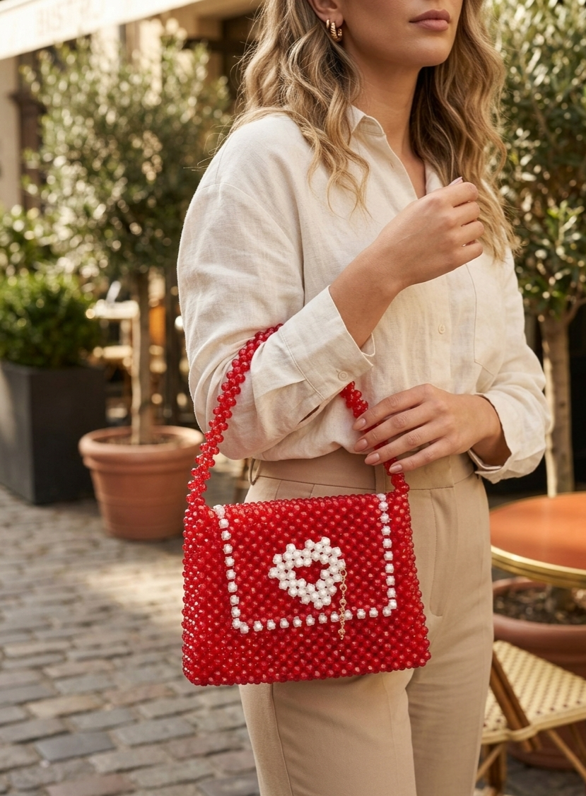 Sac à main perlé blanc et noir