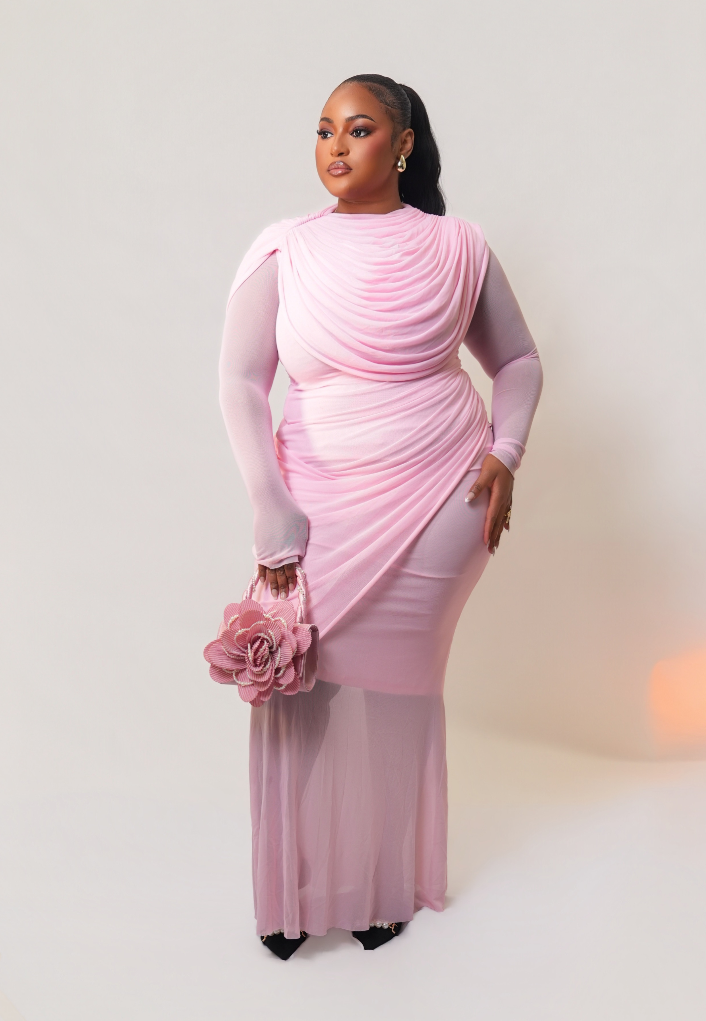 Robe longue drapée rose
