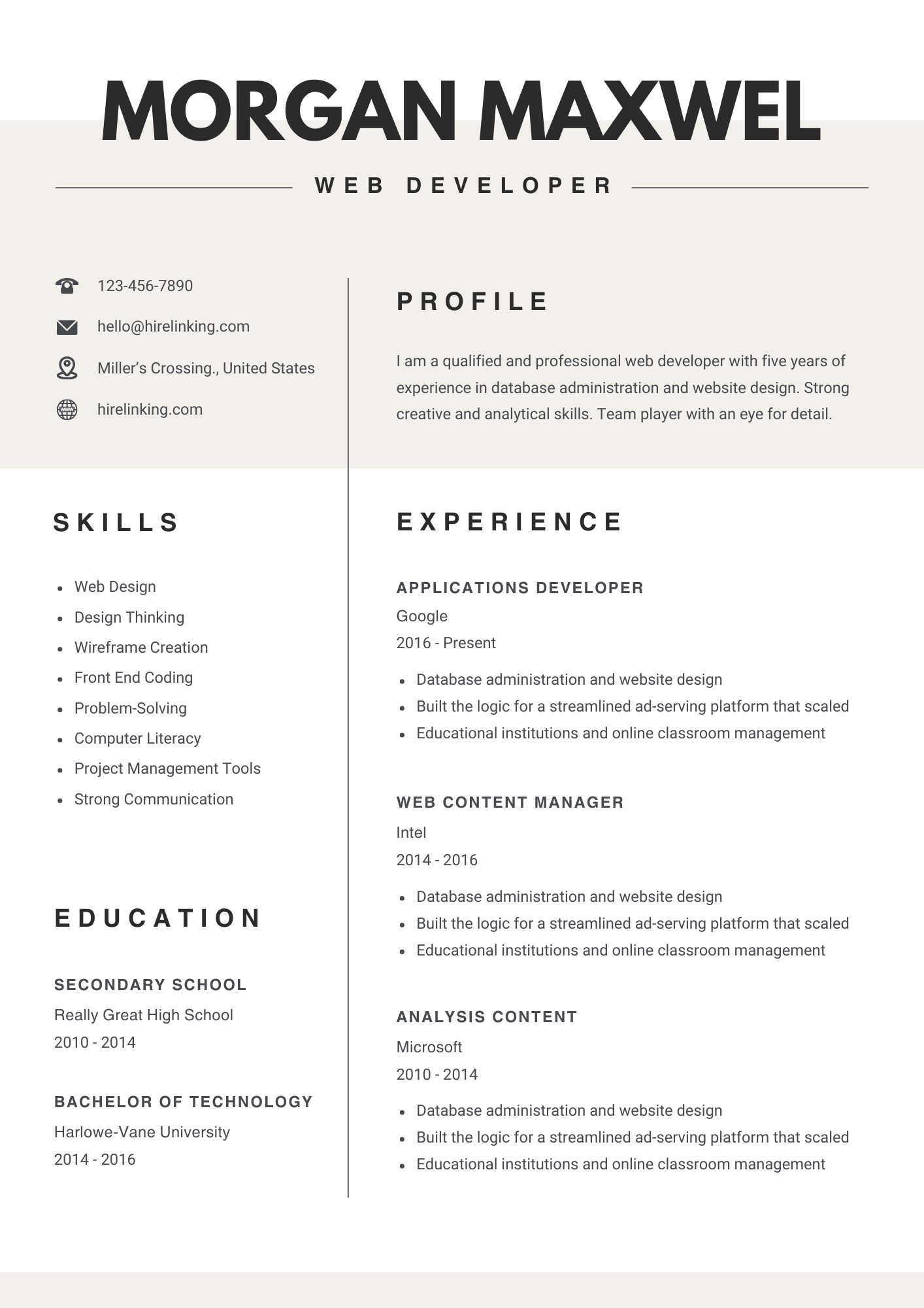 Web Developer Resume Template