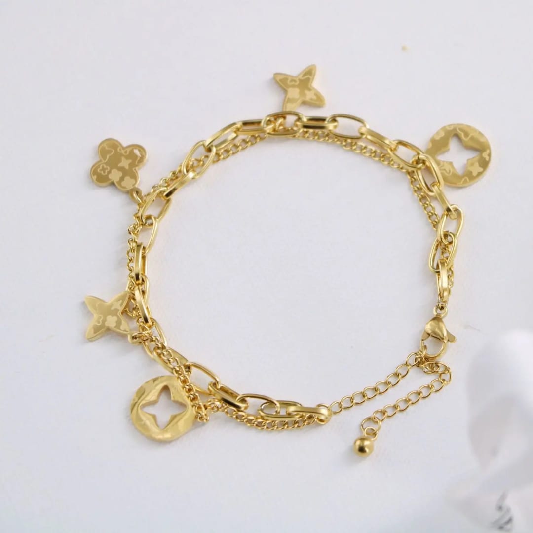 Double Layer Thick Cuban Chain Four Leaf Clover 🍀 Stainless Steel Premium Quality Bracelet