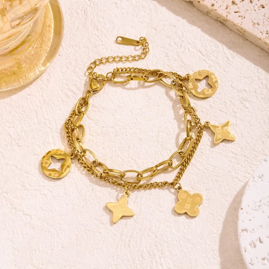 Double Layer Thick Cuban Chain Four Leaf Clover 🍀 Stainless Steel Premium Quality Bracelet