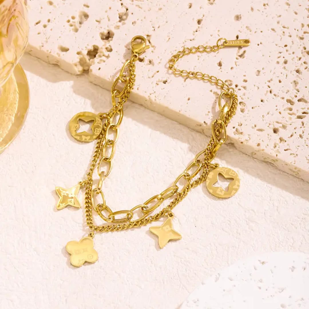 Double Layer Thick Cuban Chain Four Leaf Clover 🍀 Stainless Steel Premium Quality Bracelet