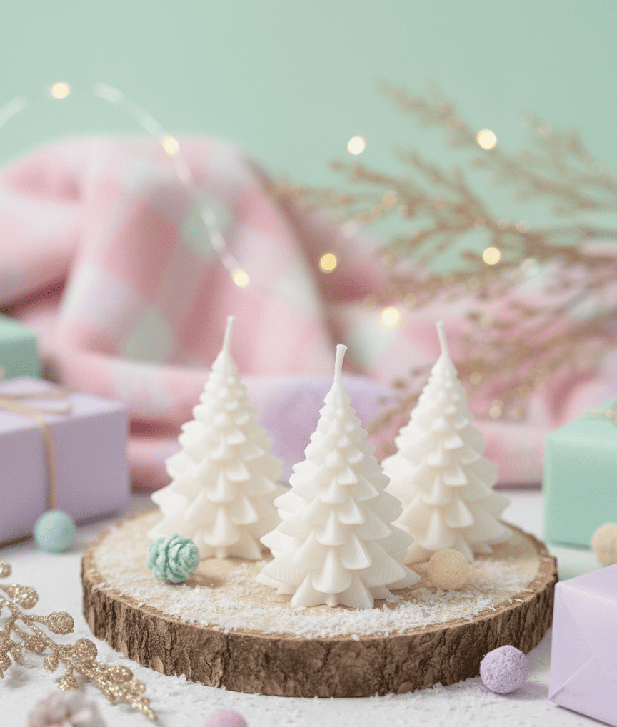 Snowy Forest Gift Set of 3 and Set of 4 Candles - in Pink, Orange, Green and White.