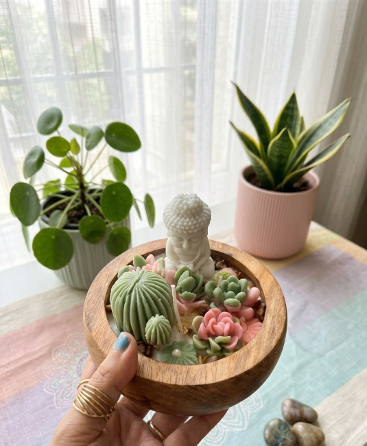 Handcrafted Little Buddha Zen Garden Succulent Candle | Natural Soy Wax - Aesthetic Home Decor Gift