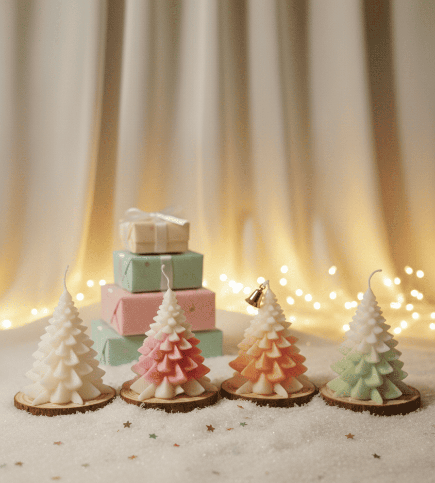 Snowy Forest Gift Set of 3 and Set of 4 Candles - in Pink, Orange, Green and White.