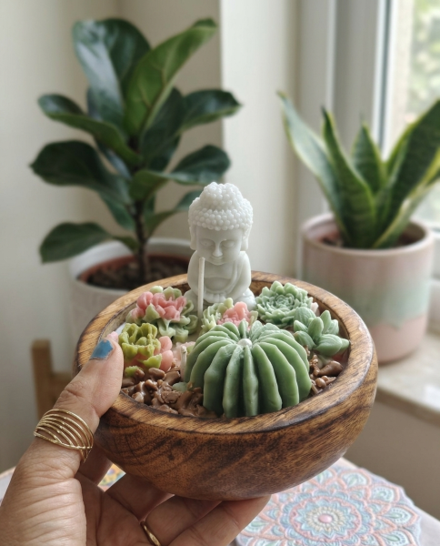 Handcrafted Little Buddha Zen Garden Succulent Candle | Natural Soy Wax - Aesthetic Home Decor Gift