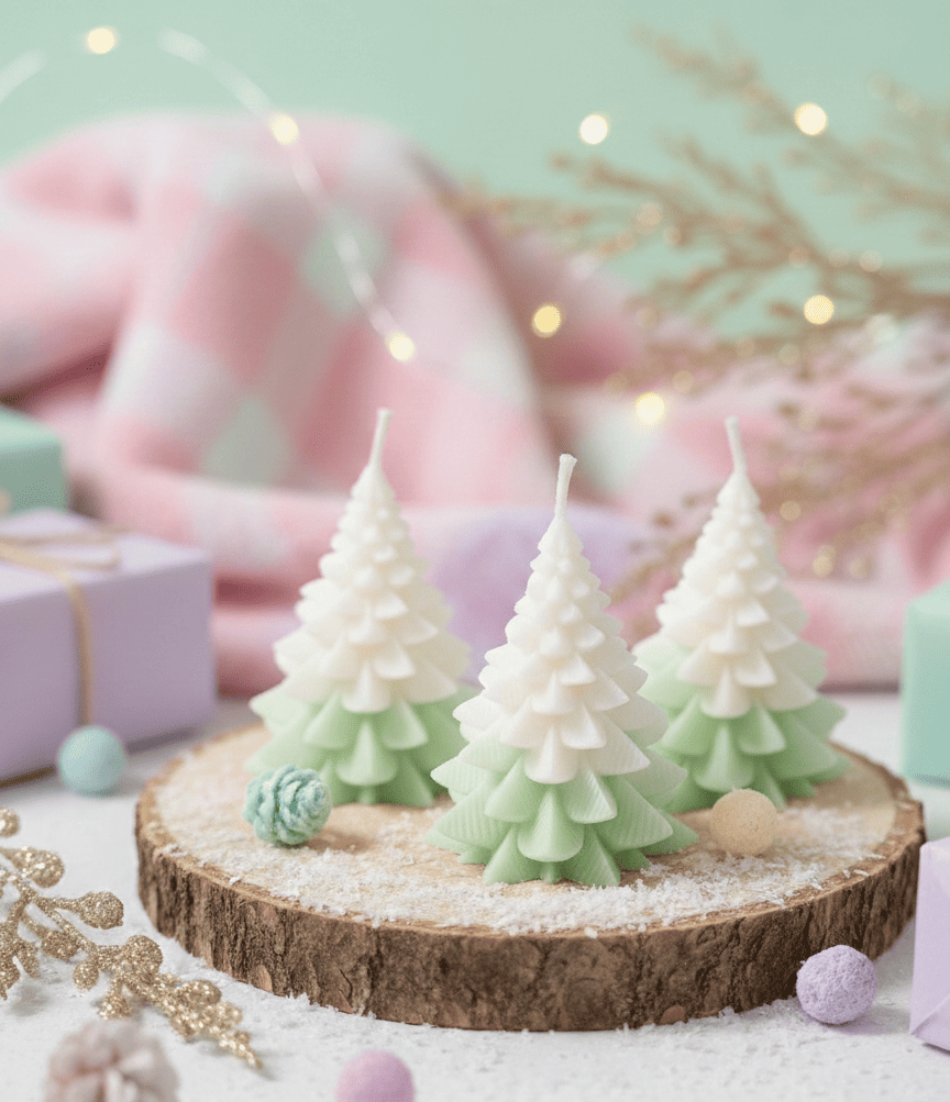 Snowy Forest Gift Set of 3 and Set of 4 Candles - in Pink, Orange, Green and White.