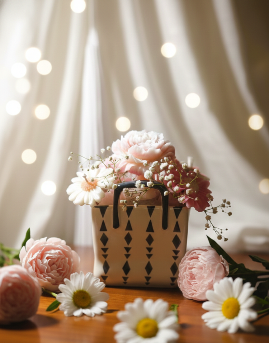 Blush Bloom Floral Arrangement( 7 flowers) in a Unique Ceramic Bag