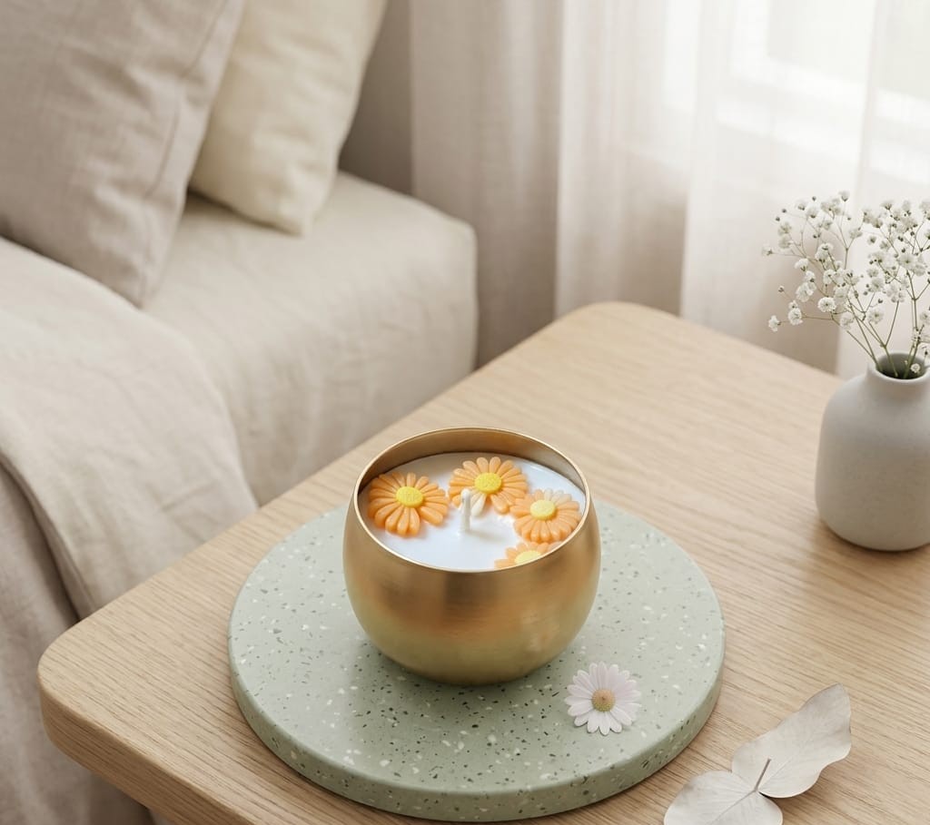 Daisy Bloom Round Urli Candle (100gm)– Handcrafted Luxury Decor 