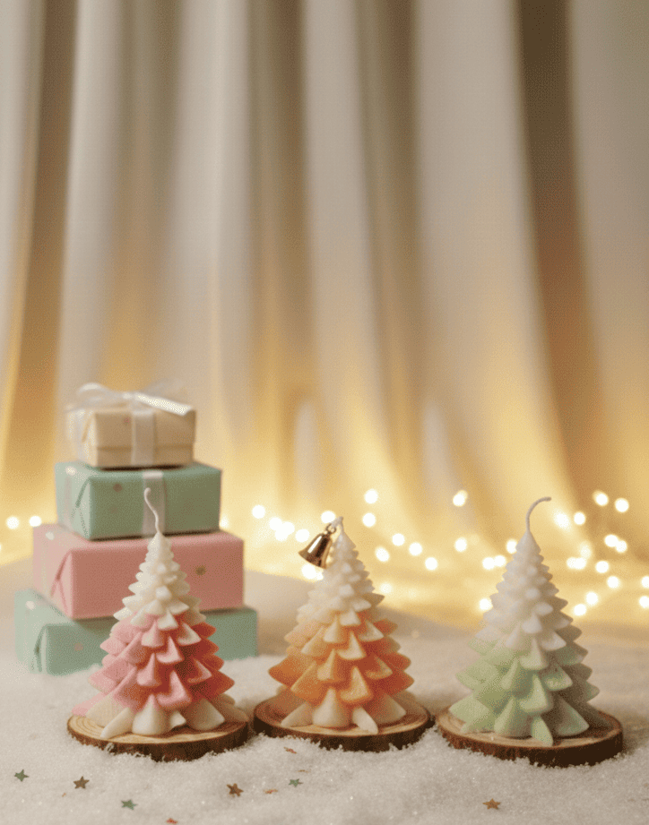 Snowy Forest Gift Set of 3 and Set of 4 Candles - in Pink, Orange, Green and White.