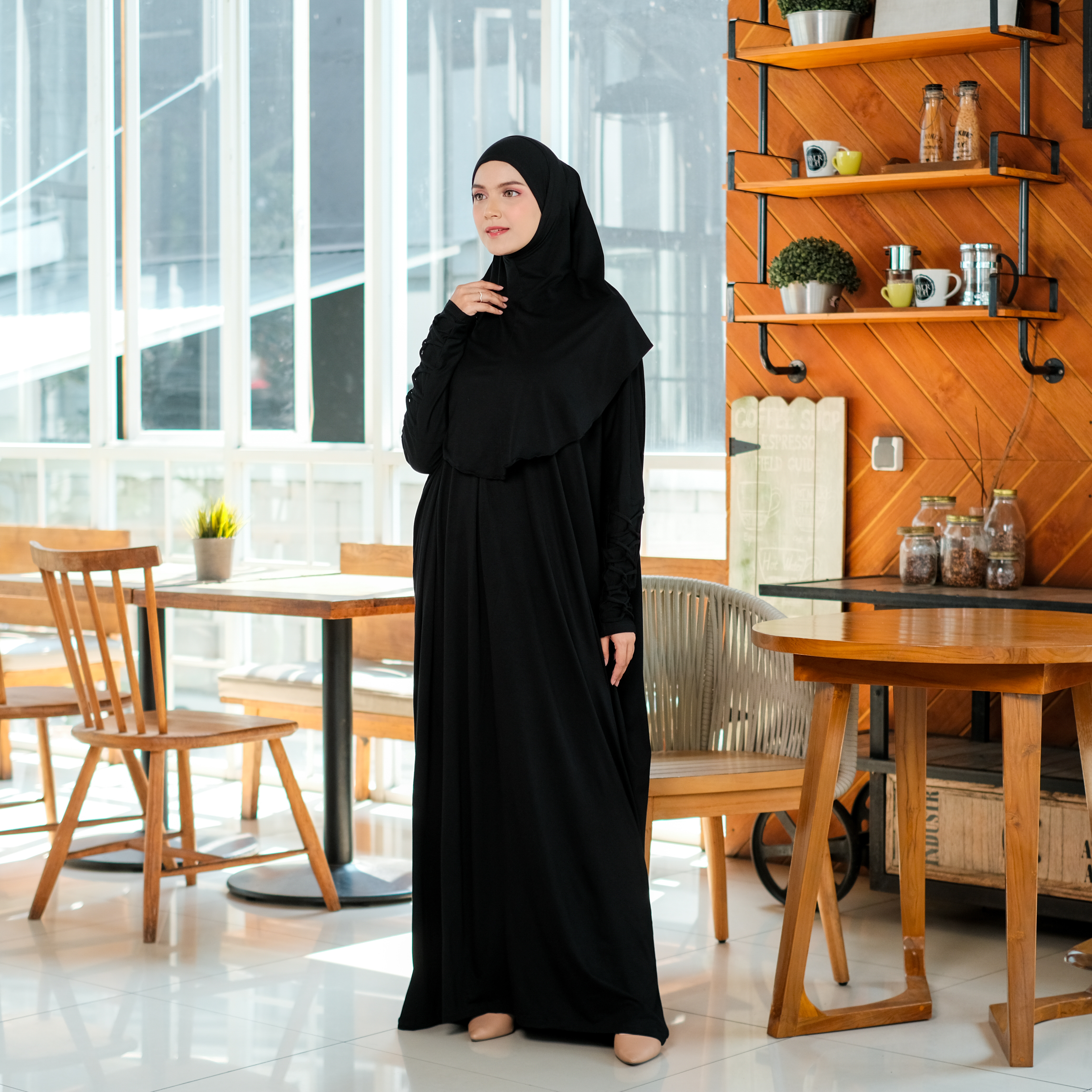 ABAYA SET HIJAB HITAM KAOS COTTON BAMBU