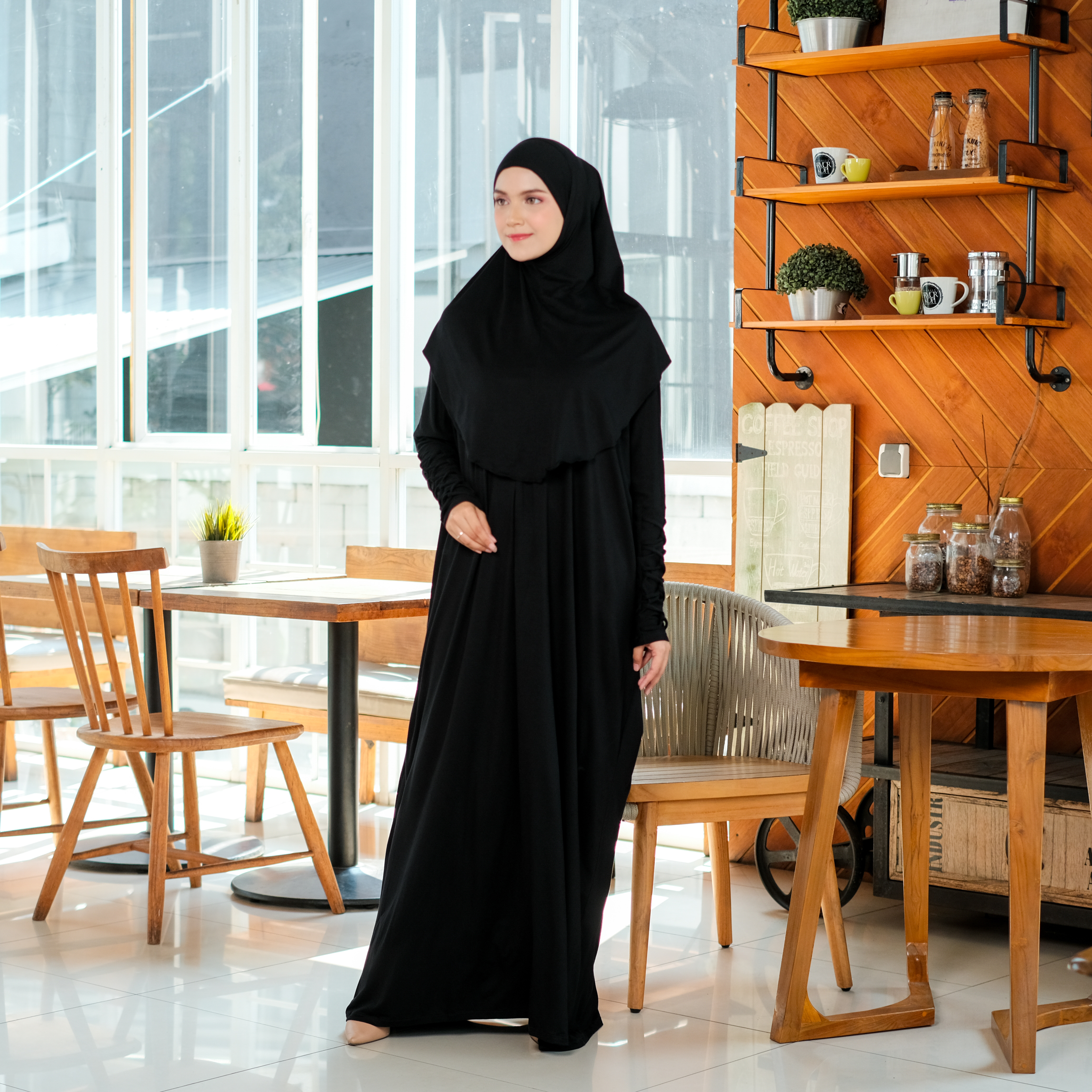 ABAYA SET HIJAB HITAM KAOS COTTON BAMBU