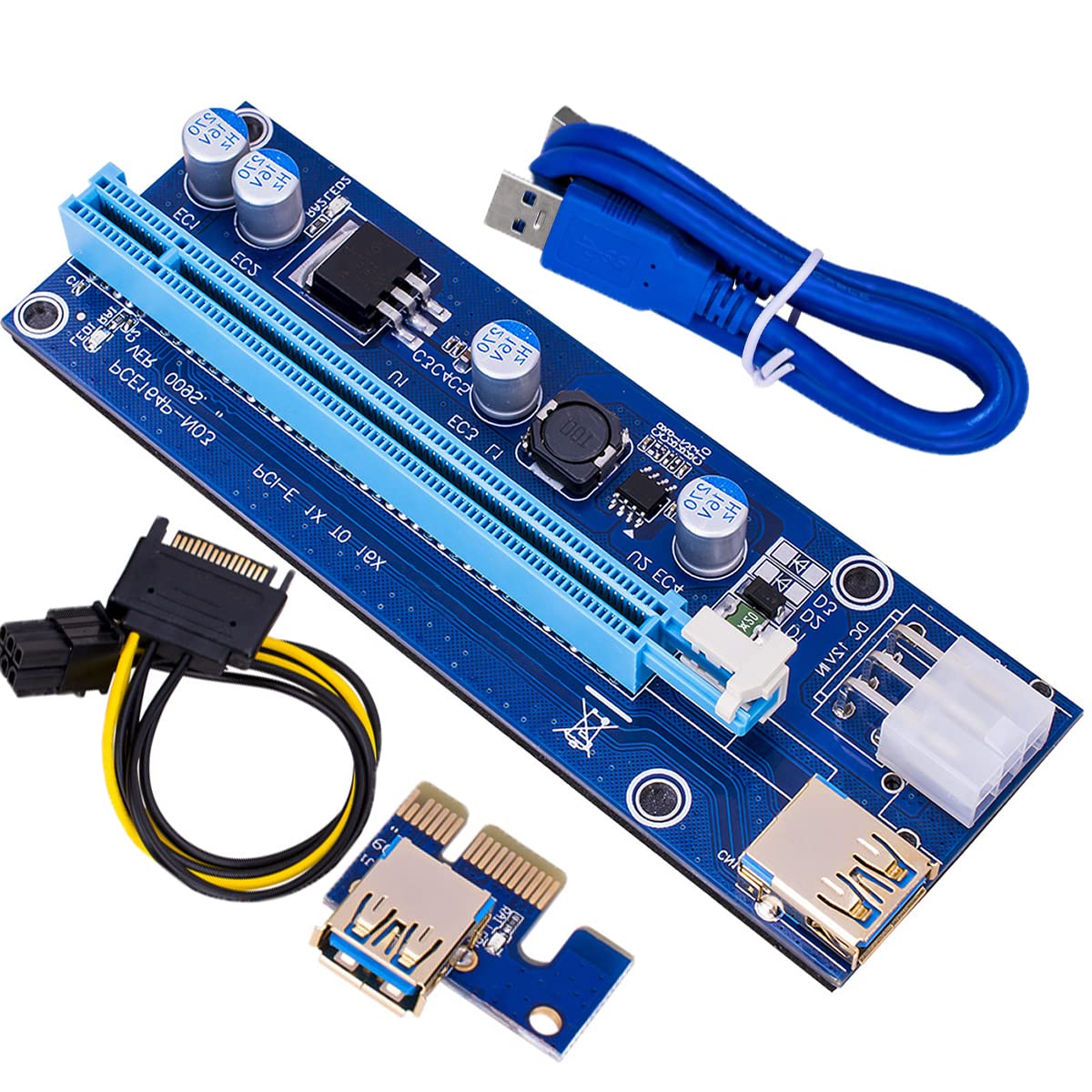 6-Pack PCIe 6-Pin PCI-E Power 16x to 1x Powered Riser Adapter Card w/ 60cm USB 3.0 Extension Cable & 6-Pin PCI-E to SATA Power Cable - GPU Riser Adapter