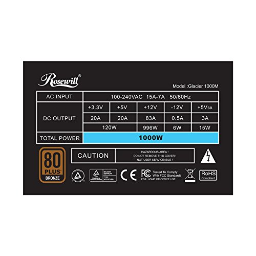 Rosewill Glacier Series 1000W Semi-Modular Gaming Power Supply with Silent Aero-Diversion Fan