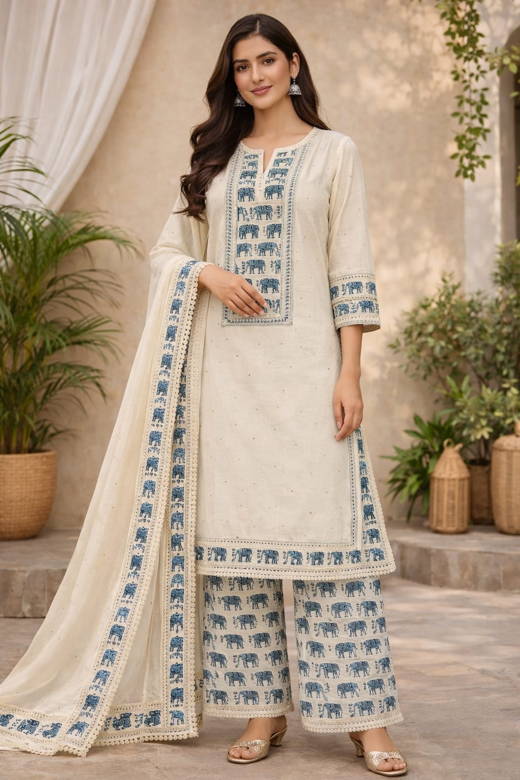 Cream Ethnic Elephant Print Suit Set