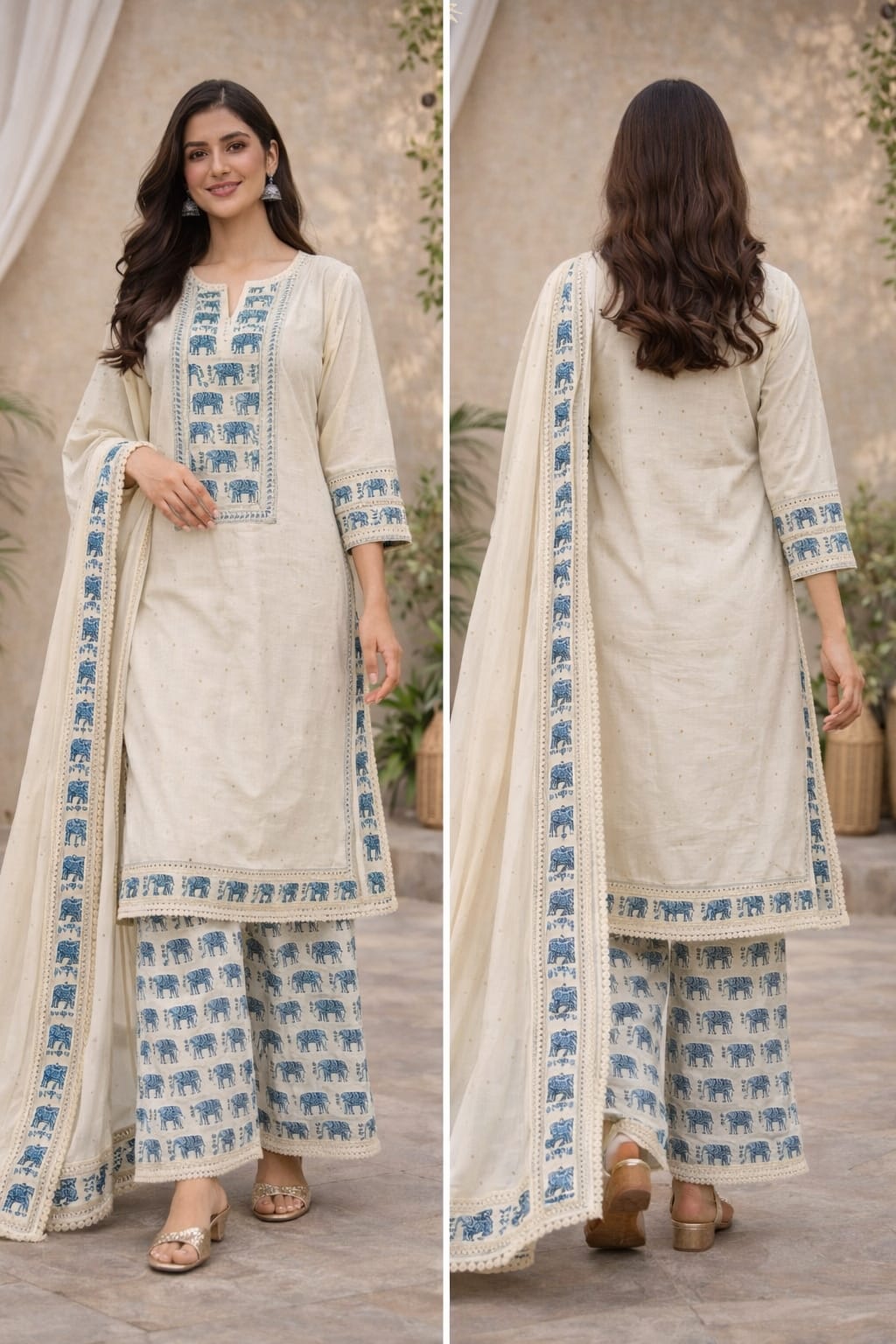 Cream Ethnic Elephant Print Suit Set