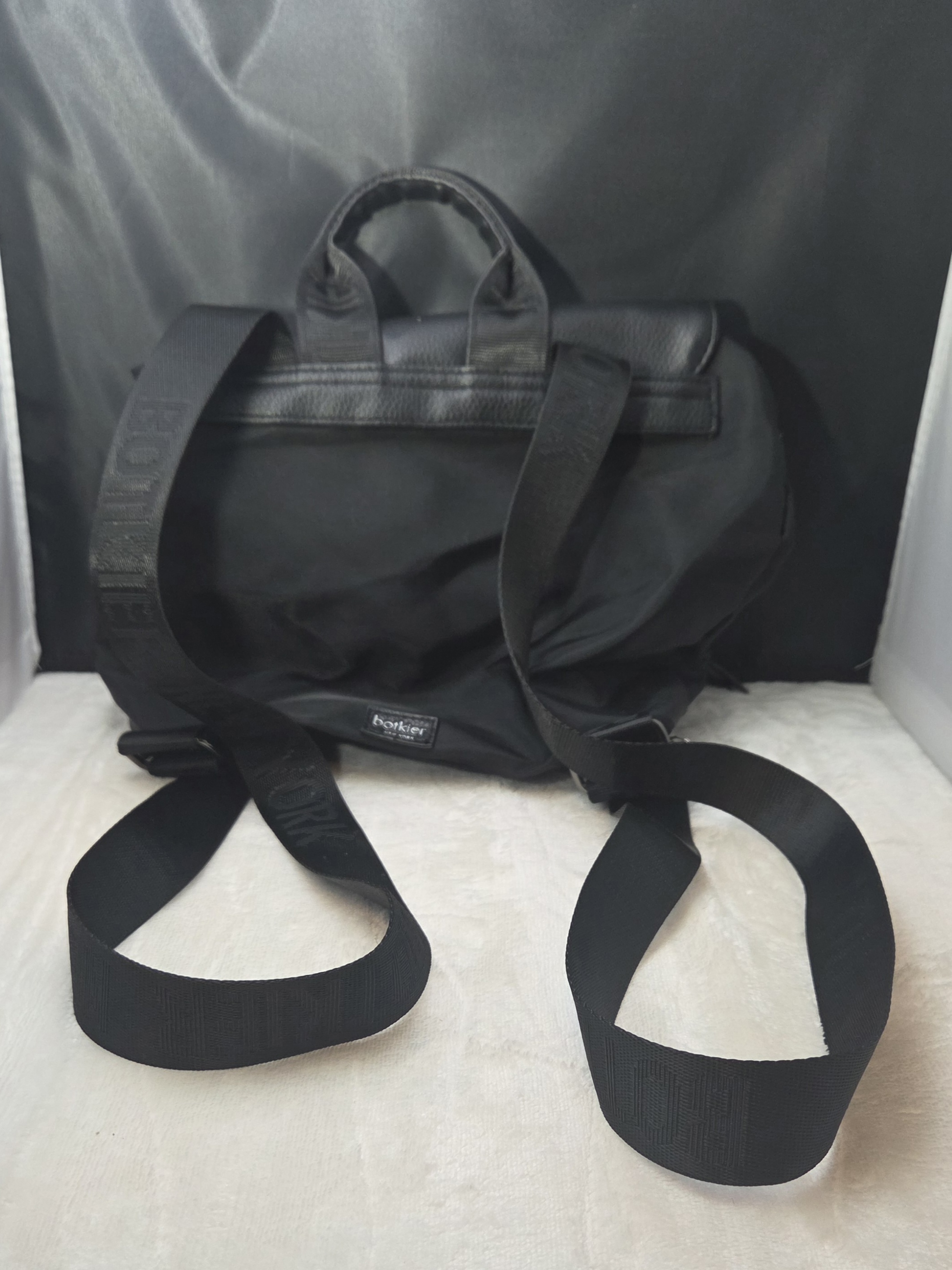 Botkier New York Mini Trigger Backpack Nylon Faux Leather Black Logo Straps Used