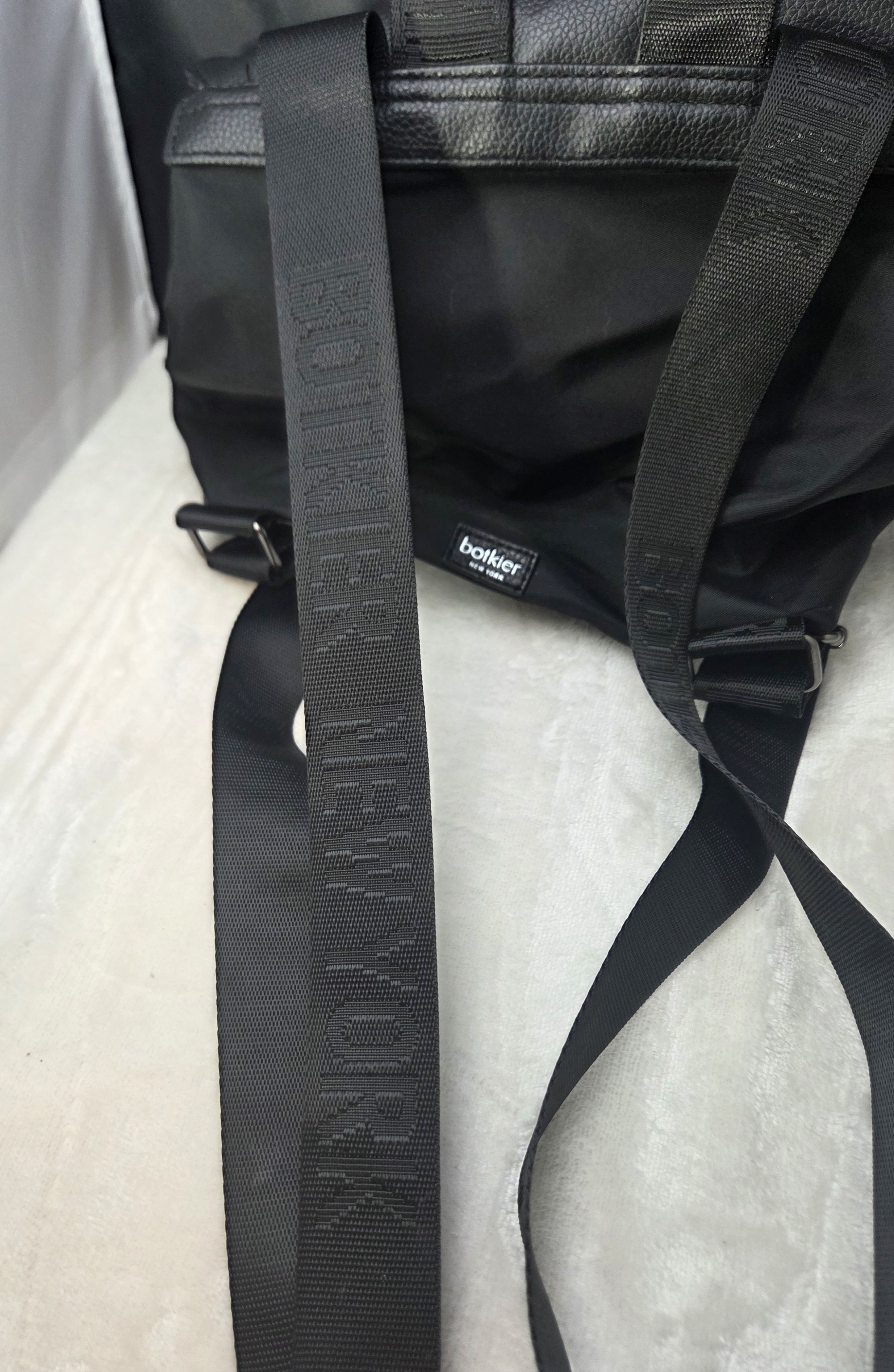 Botkier New York Mini Trigger Backpack Nylon Faux Leather Black Logo Straps Used