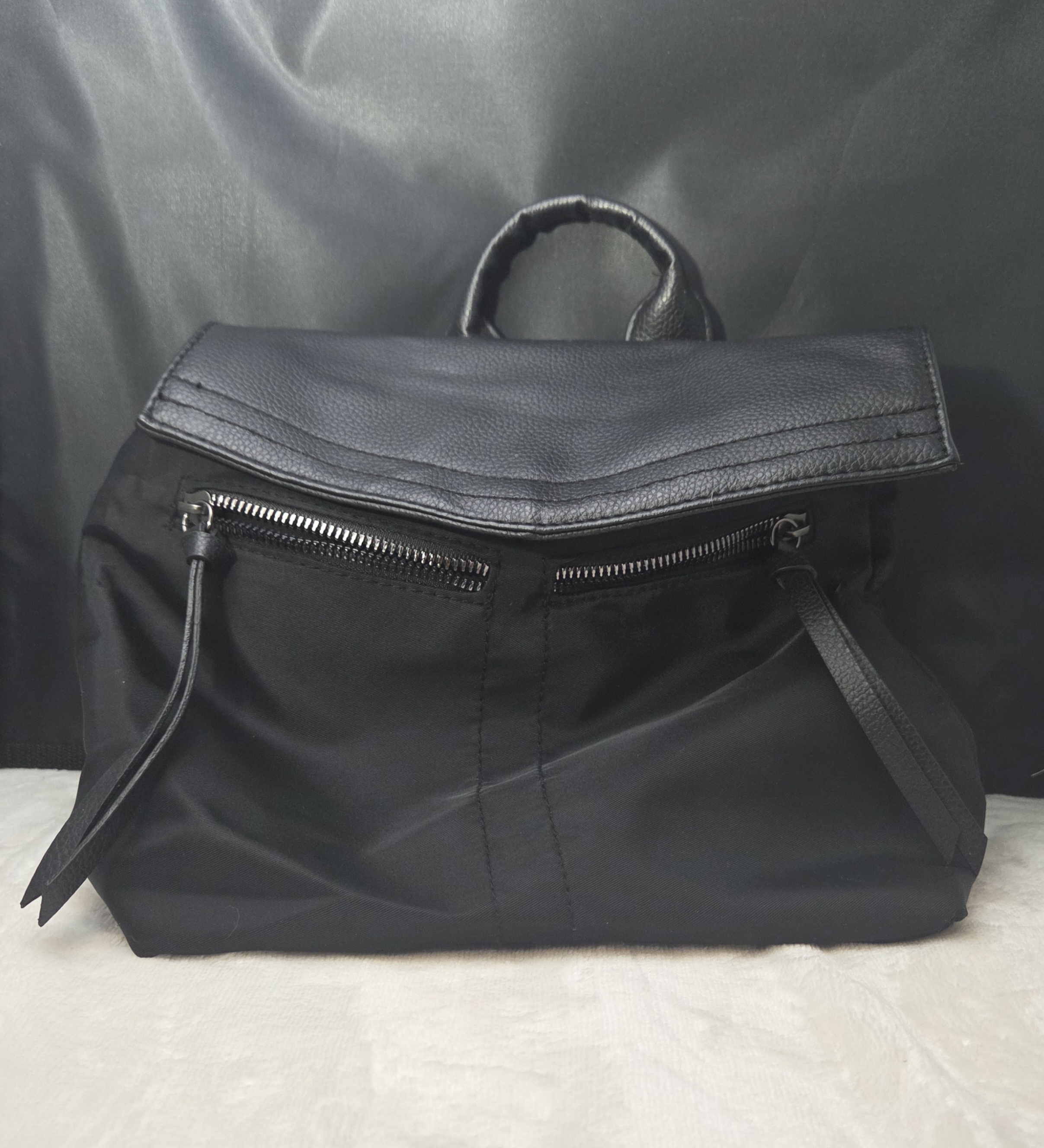 Botkier New York Mini Trigger Backpack Nylon Faux Leather Black Logo Straps Used