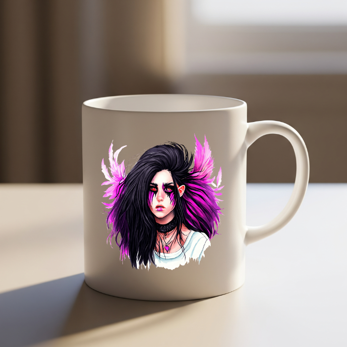 Artistic Mug with Vibrant Hair Illustration