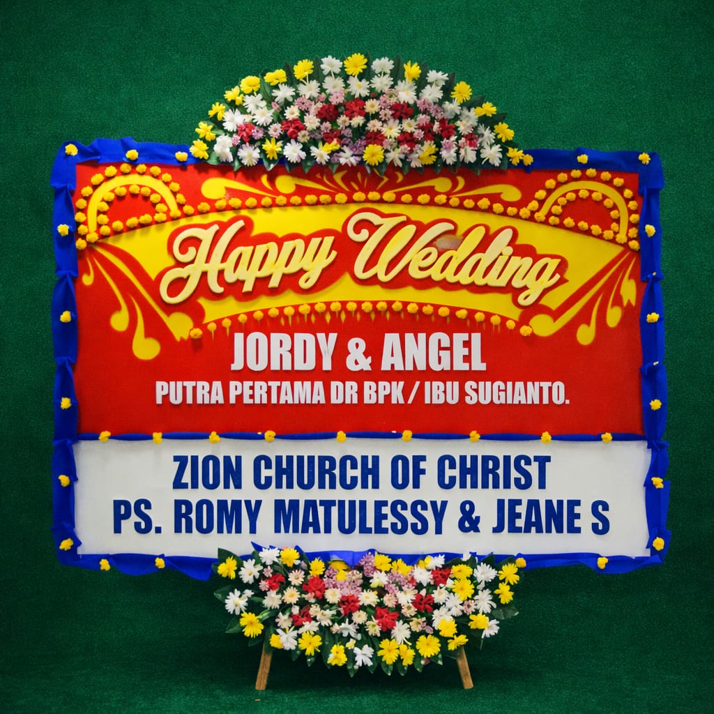 Karangan Bunga Papan Happy Wedding Ukuran 1,5x2 Meter Jambul 2