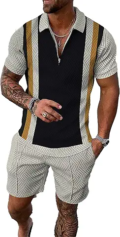 Men's Geometric Zip Polo Short Set