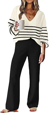 Striped V-Neck Sweater & Wide-Leg Pants Set