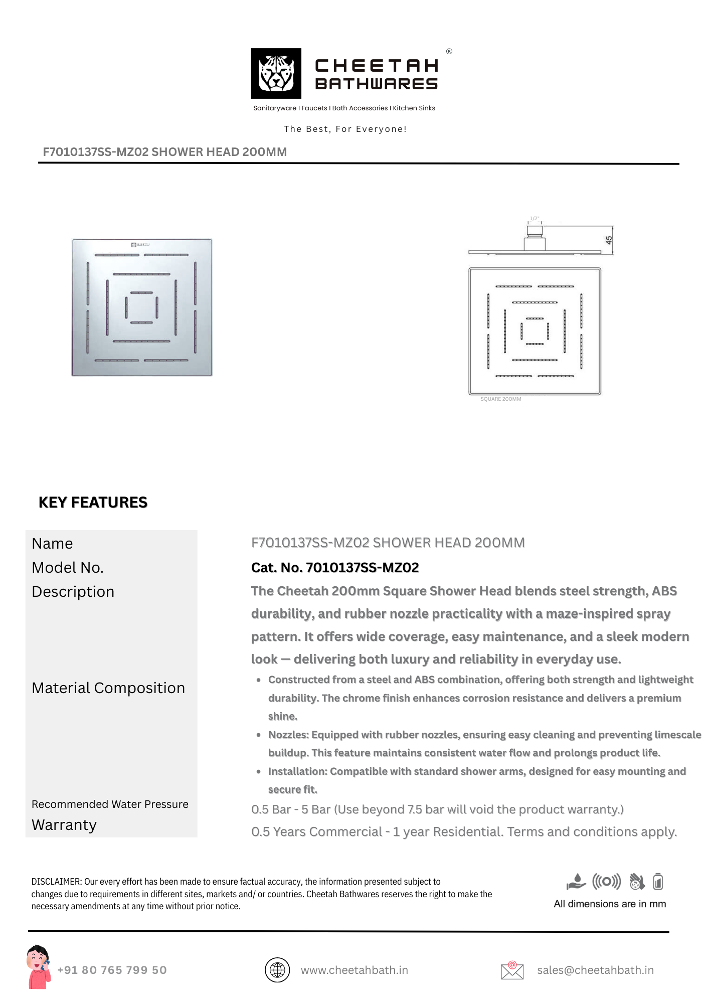 Cheetah 200mm Square Shower Head