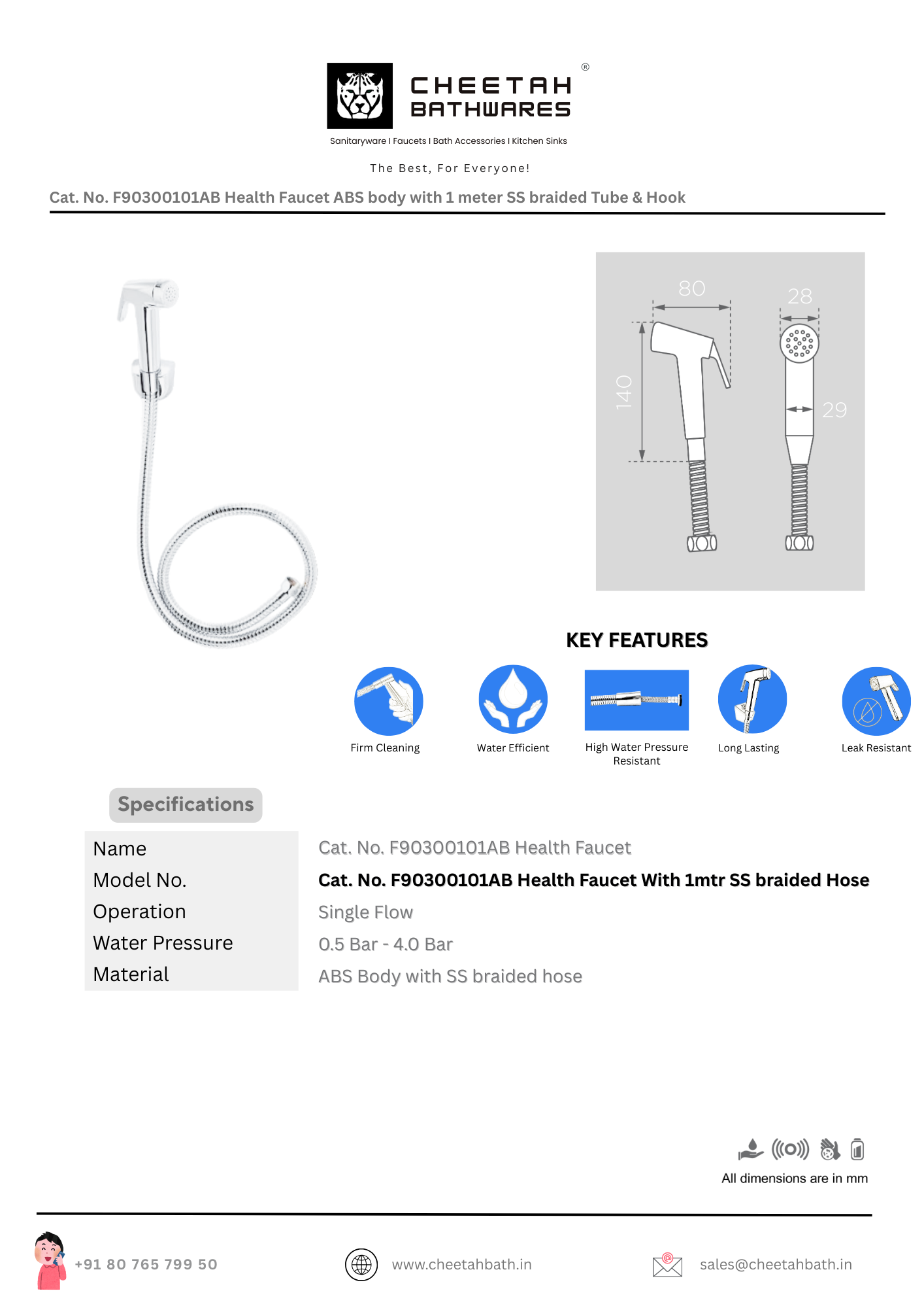 F90300101 Health Faucet ABS Body with 1m SS Braided Tube & Hook