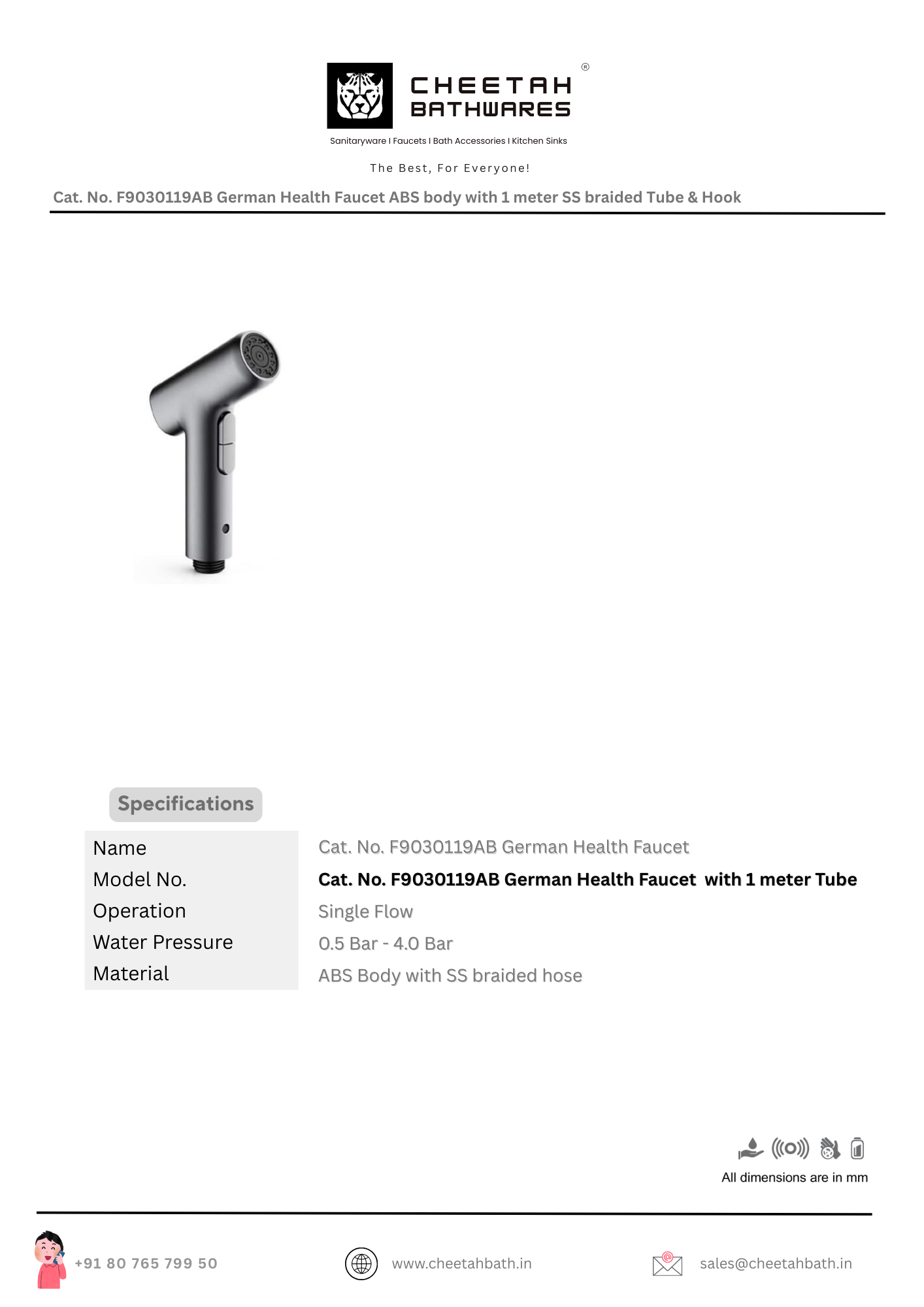 Cat. No. F9030119AB German Health Faucet ABS body with 1 meter SS braided Tube & Hook 