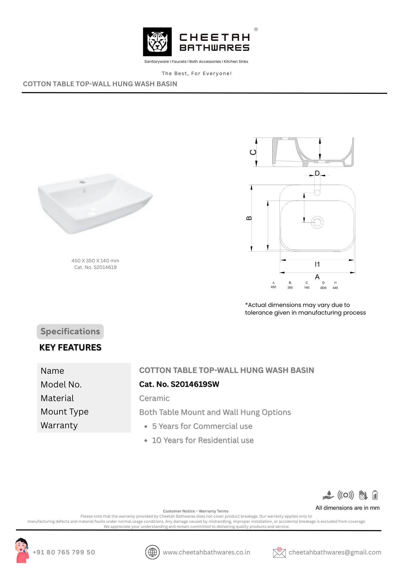 Cotton Table Top-Wall Hung Wash Basin