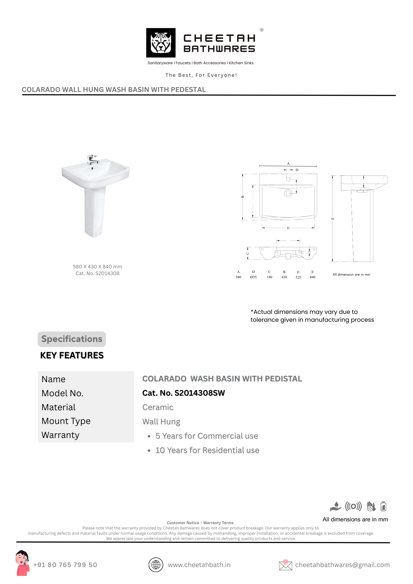 Colorado Wall Hung Wash Basin With Pedestal