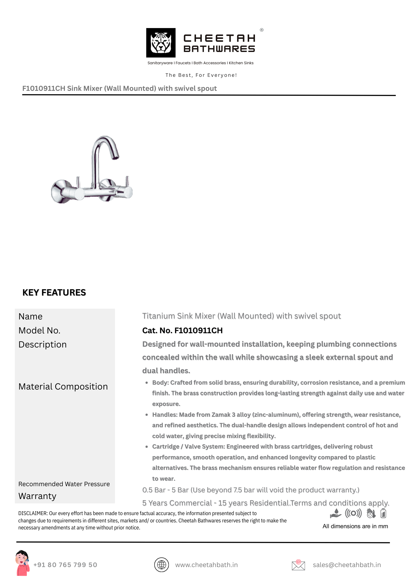 Sink Mixer (Wall Mounted) with Swivel Spout