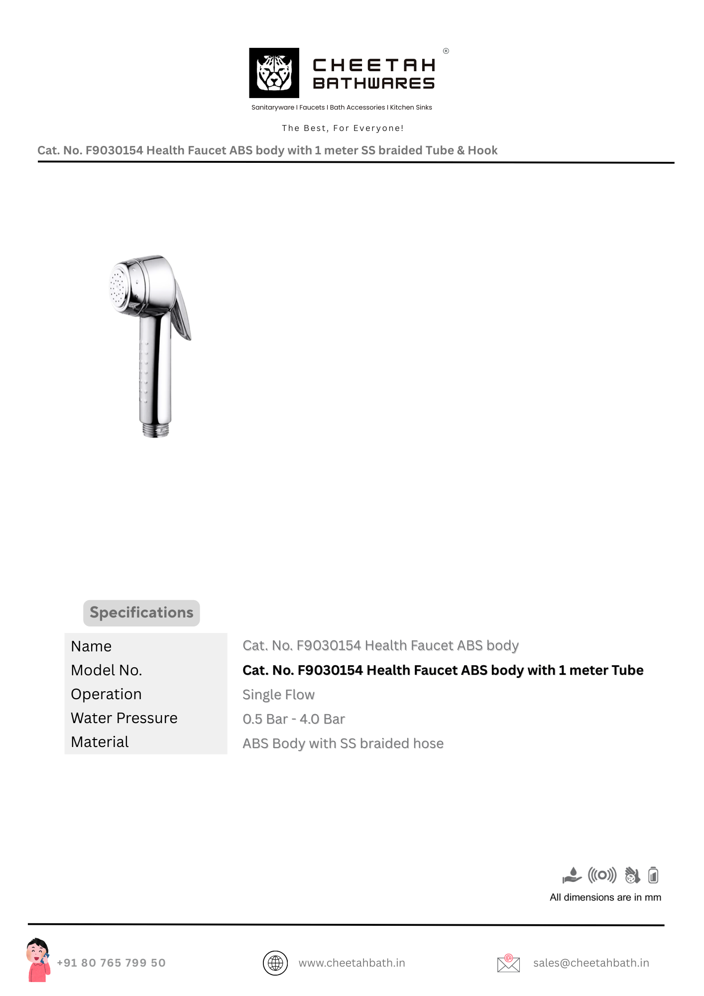 Cat. No. F9030154AB Health Faucet ABS body with 1 meter SS braided Tube & Hook