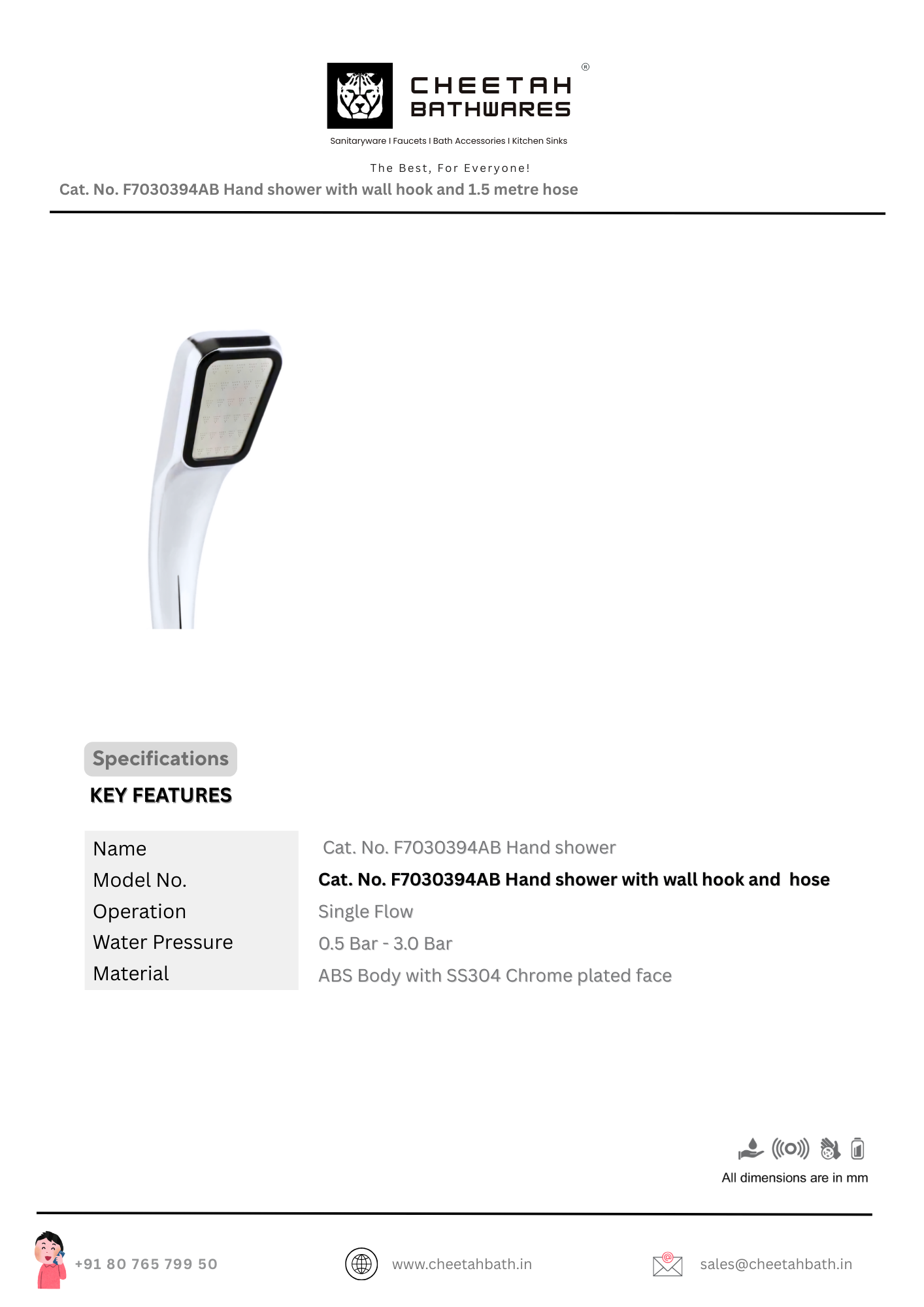 Hand Shower with Wall Hook and 1.5mtr Hose