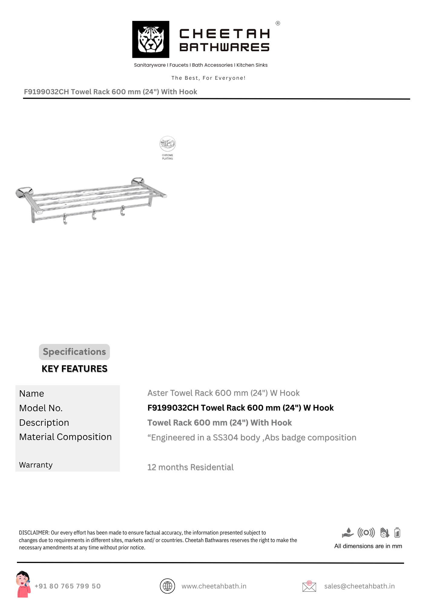 Aster Towel Rack 600 mm (24") With Hook