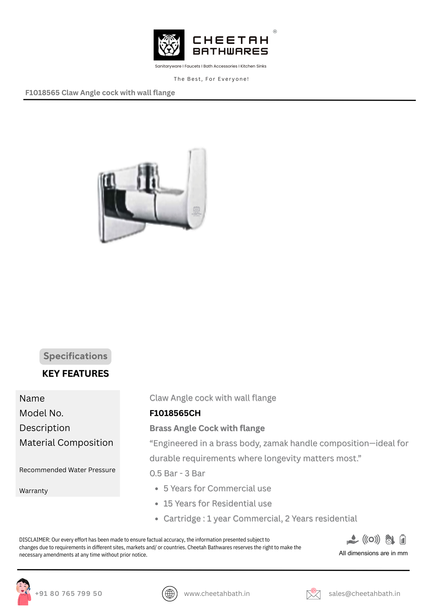 F1018565 Claw Angle cock with wall flange