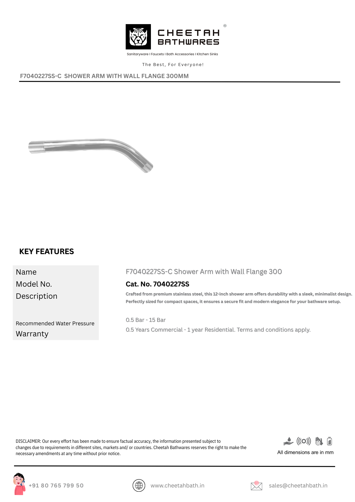 Shower Arm with Wall Flange 300mm