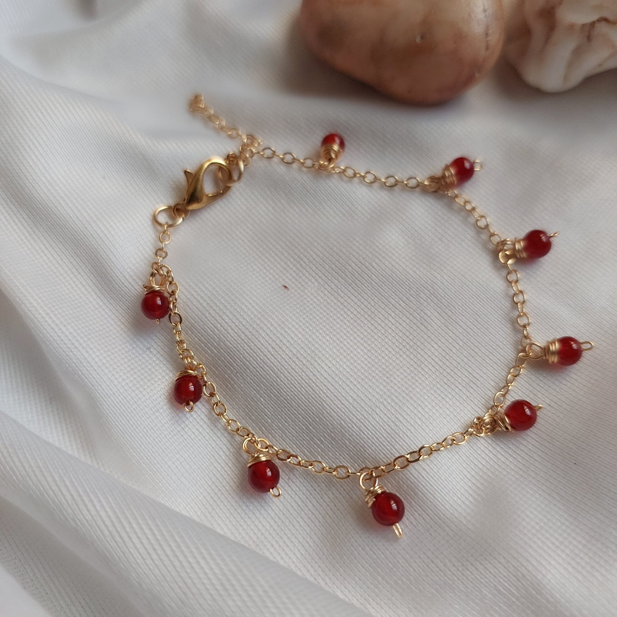 Gold Chain Bracelet with Red Beads