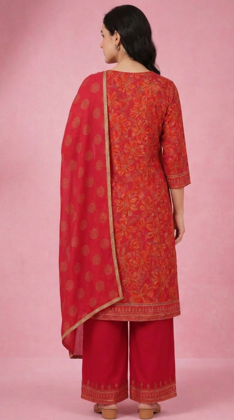 Women's Red Floral Printed Cotton Kurta Set with Palazzo & Embellished Dupatta