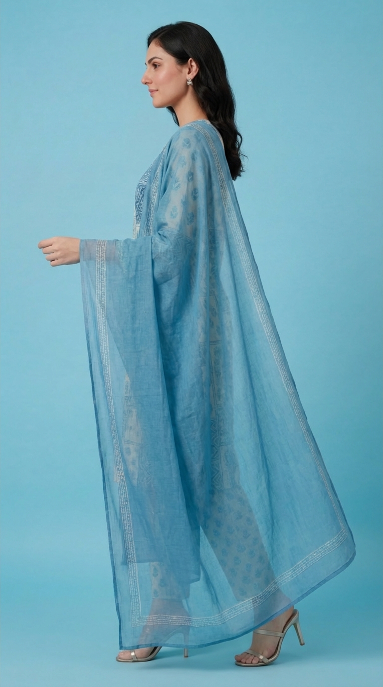 Women's Blue & Grey Cotton Printed Kurta Set with Dupatta and Salwar