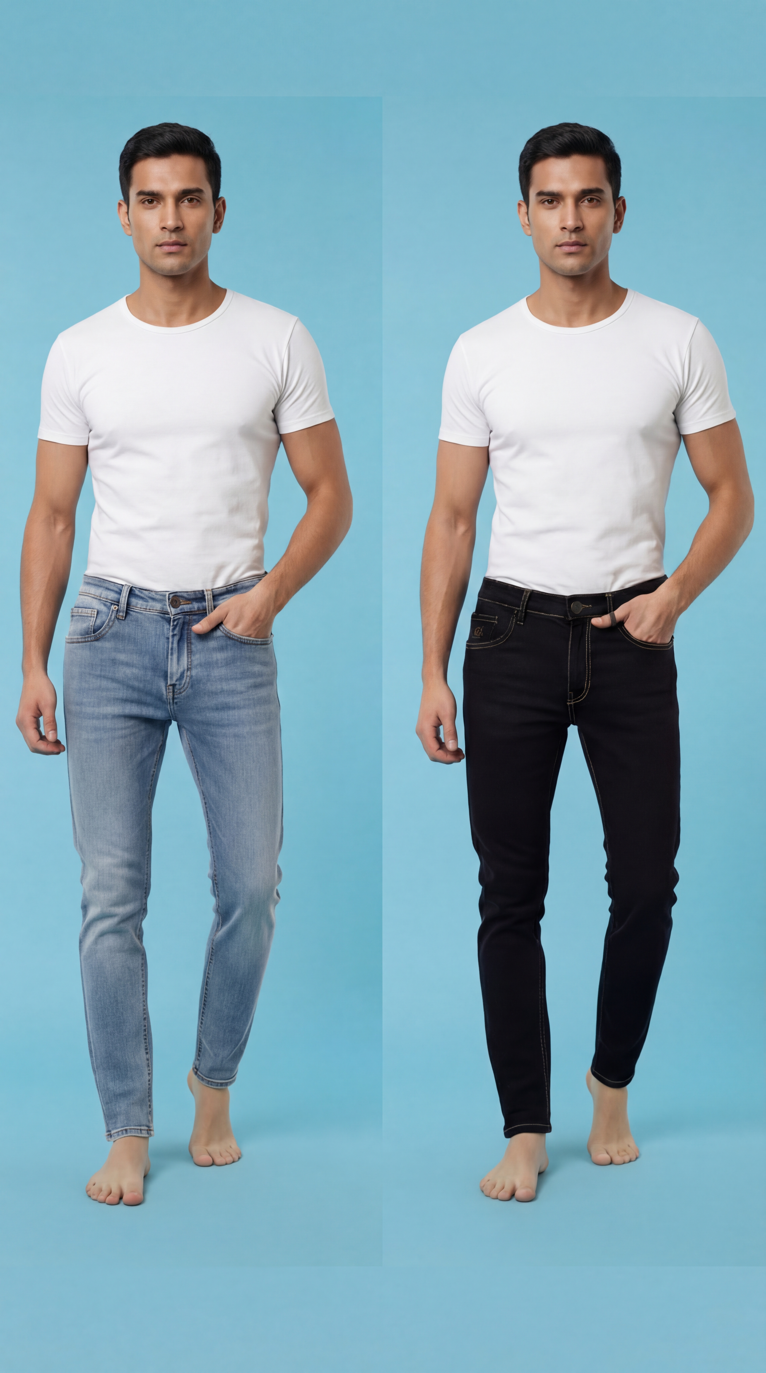 Premium Men's Full-Length Denim Jeans Combo (Pack of 2) | Light Blue & Black Slim Fit Stretch Denims